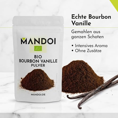 Foto von Mandoi BIO Bourbon Vanillepulver gemahlen, 15g. Gemahlenes Pulver von echten Vanilleschoten. Vanilla Powder aus Madagaskar. ohne Zusätze