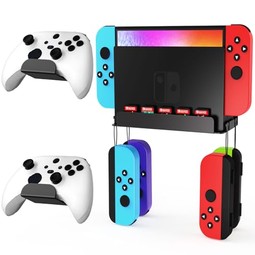 Wall Mount for Nintendo Switch and Switch OLED with 2 Controller Wall Holders, Switch Wall Mount Kit Stand with 5 Game Card Holders and 4 Joy Con Shelfs, Safely Store Console Near or Behind TV, Black