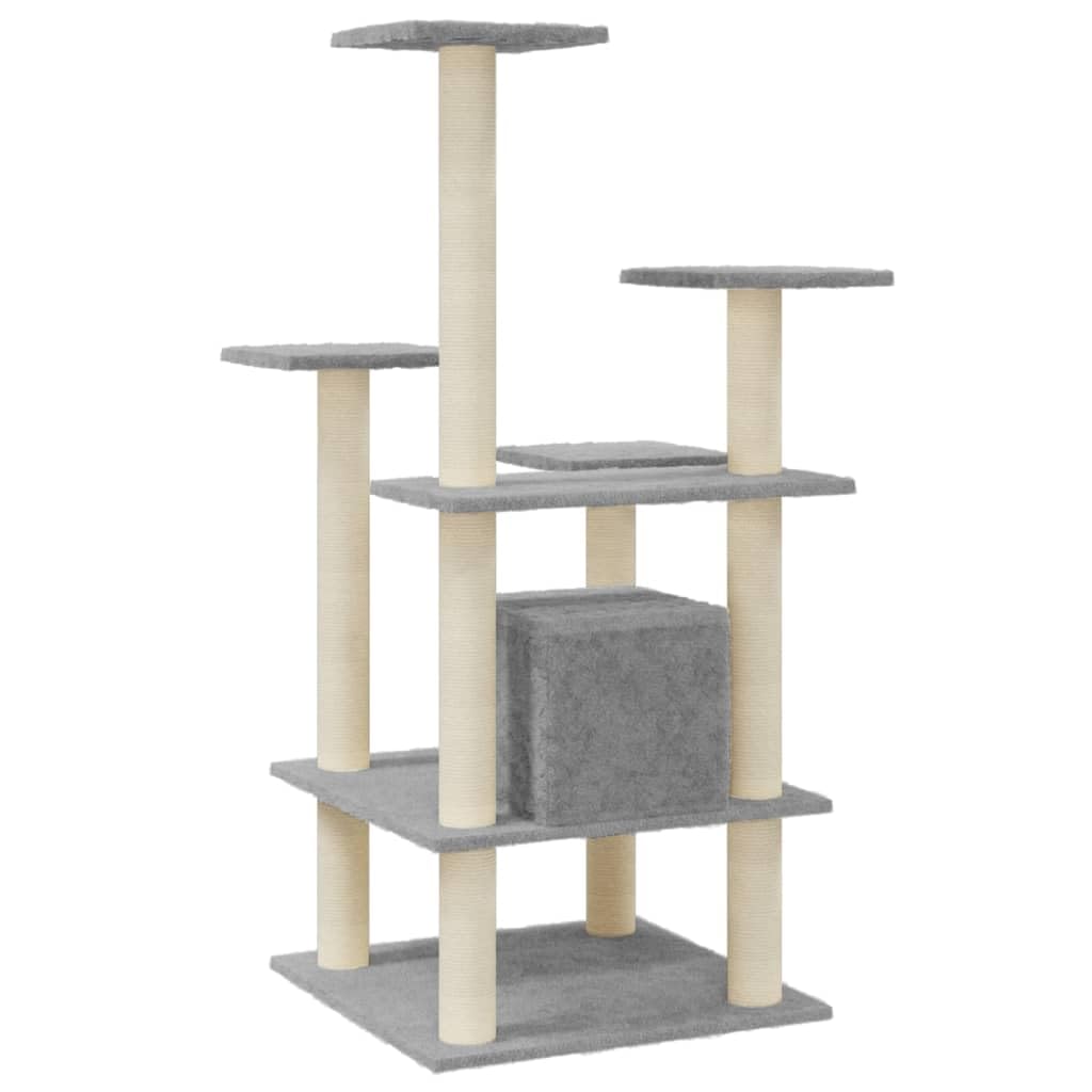 Kratzbaum für Katzen mit Sisal-Kratzsäulen 110 cm Hellgrau, Stabiler Kletterbaum mit Haus, Plattformen und Plüsch