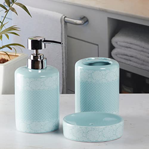 Image of SaSaSa Ceramic Bathroom Set of 3 Modern Bath Accessories Kit with Soap Dispenser, Toothbrush Holder & Dish - Stylish & Elegant Bathroom Decor, Blue (5764)