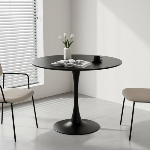 Contemporary Round Dining Table, 31.5 Inch Black MDF Surface with Metal Support, Ideal for Kitchen and Living Areas