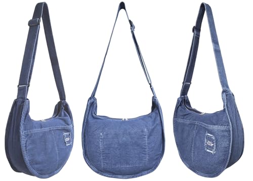 Image of Denim Hobo Halfmoon Design Roomy Large Capacity Adjustable Crossbody Shoulder Handbag Purse for Women