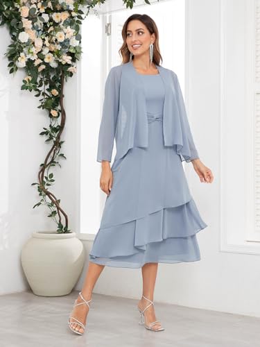SOLODISH 2 Pieces Tea Length Mother of The Bride Dresses for Wedding Chiffon Formal Dresses for Women2