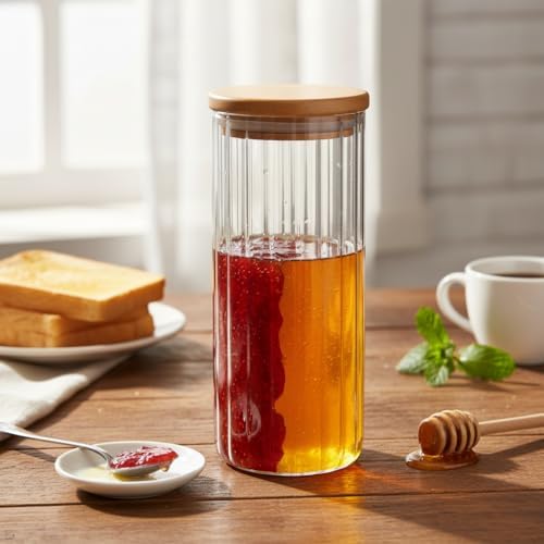 Deconox Linie Serisi Bambu Kapaklı Borosilikat Cam Kavanoz - 350 ml Çizgili Vakumlu Baharatlık, Çay ve Kahve Saklama Kabı - Görsel 4