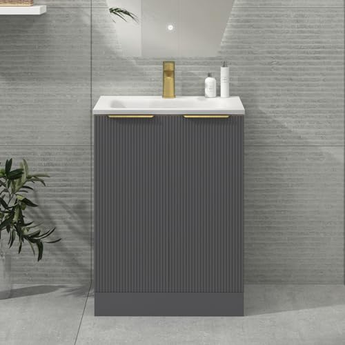 Evora 600mm Satin Grey Fluted Floor Standing Bathroom Vanity Unit 2 Door with Undrilled Stone Basin & Brushed Brass Handles