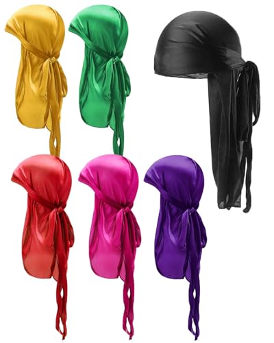 KGDUYC 6 pcs Seda para Hombres Durag, Paquete Durags Do Rags con Cola Larga y Correas Anchas para Hombres y Mujeres - 6 Colores