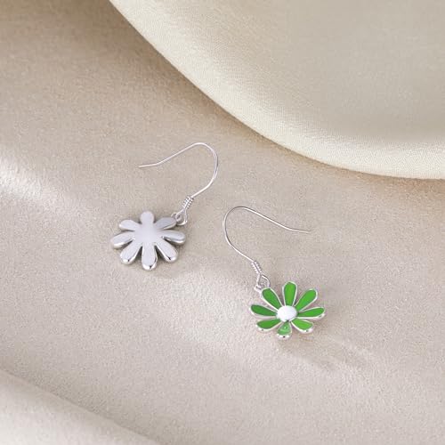 SLUYNZ 925 Sterling Silver Daisy Flower Dangle Drop Earrings for Women Teen Girls Green Flower Drop Earrings Summer Spring3