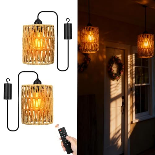Hängeleuchte Rattan, Boho Rattan Lampe Vintage Hängelampe Tragbare, Btteriebetriebene Lampe mit Fernbedienung, Hängelampe Outdoor für Patio Bar...