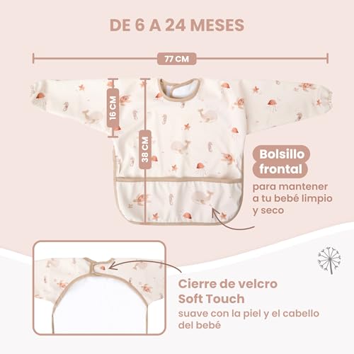 Miniatura 3 de Mimuselina Pack 2 Baberos Bebe Impermeables Con Mangas Largas Puños Elásticos Y Cierre Ajustable Reutilizables, Suave Y Impermeable Baberos Guarderia Resistentes Hecho En España