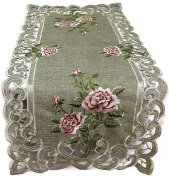Table Runner with Pink Roses and Sage Green Burlap Linen Material, Size 70 x 15 inches