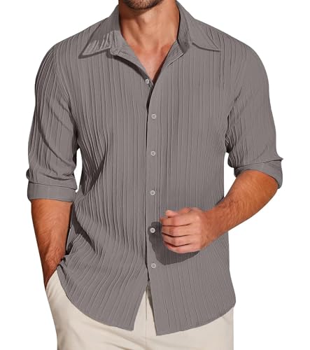 Image of FILO HEVIS Men's Casual Button Down Popcorn Shirts Stylish Long Sleeve Linen Textured Beach Summer Shirt