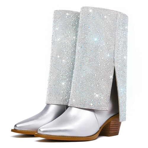 Best Cowboy Boots in Houston: Find Your Perfect Pair! 15 KEEISEA Silver Rhinestone fold over Cowboy Boots for Women Sparkly Metallic Cowgirl Booties Glitter Mid Calf Chunky Heel Pointed Toe Boots Pull on Block Heel Fashion Party Boots for Ladies 7