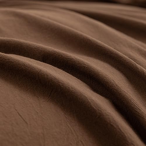 Image of BESTOUCH Cotton Solid Duvet Cover Set Cocoa Brown California King | 100% Washed Cotton, Soft Wrinkle Texture, Hidden Zipper, 8 Ties, Breathable Lightweight Durable Comfy, 3 Pcs No Insert