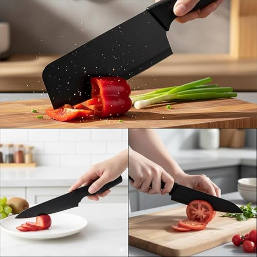 Image of ECOBSY Stainless Steel 3 Pieces Professional Kitchen Knife Set Meat Knife Chef Knife with Non-Slip Ergonomic Handle Sharp Manual Sharpening for Home Kitchen High Carbon Knife Black Set(Black)