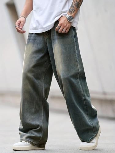 Image of NUCOUTHS Men Greentint Jeans | Stylish Washed Denim Jeans for Men | Slim Fit Casual Wear