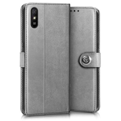 Image of WOW IMAGINE Shock Proof Flip Cover Back Case for Xiaomi Mi Redmi 9A | 9i | 9A Sport (Magnetic Button Flip Case | Wallet Pockets & Stand | Leather Finish | Stone Grey)