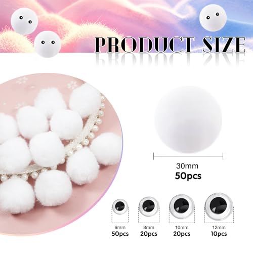 TOAOB 50 Stück Pompons zum Basteln Groß 30 mm Weiß Pompom Flauschigen Plüsch set Bälle Kunst Bommel mit 100 Stück Selbstklebend Wackelaugen für Dekorieren Nähen DIY Lustige Kreativen Handwerk