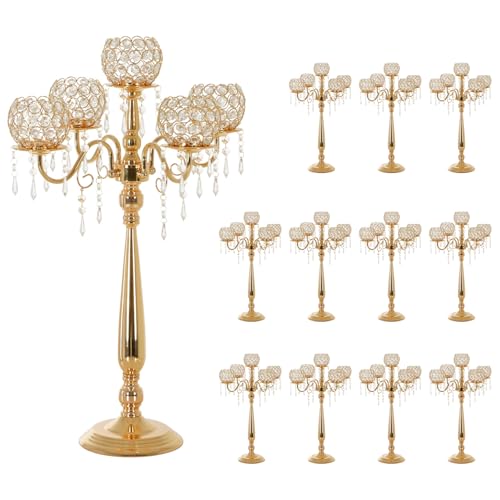Gold Candelabra Wedding Centerpieces for Tables,12PCS Gold 5 Arm Crystal Candelabra Party Centerpieces Decoration for Halloween Christmas Dinner Party Events candeleros para Centro de mesa Elegantes