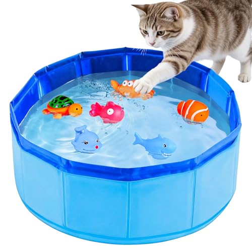 EKKONG Piscina per Gatti Gioco con Pesci, 30×10cm Piccola Piscina per Gatti con 6 Interattivi Giochi, Piscinetta per Gatti Pieghevole, Mini Piscina per Gatto Cani l'estate Fare il Bagno e Giocare
