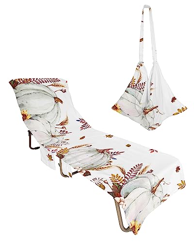 Fall Pumpkin, Beach Lounge Chair Towel Cover, Soft Chaise Lounge Towel with Side Pockets Patio Pool Chairs Cover for Beach/Pool Sunbathing 29x85 Thanksgiving Autumn Sunflower Leaves Wheat