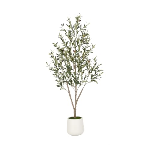 VIVATREES Olive Trees Artificial Indoor, 5 ft Faux Olive Tree with White Planter, Artificial Plants with Natural Wood Trunk and Lifelike Fruits for Home Office Decor