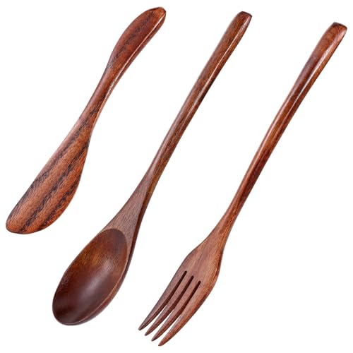 Wooden Set Flatware Cutlery Set for Eating 3 Pieces Set Kitchen Utensils Wooden Cooking Utensils Spoons and Forks Wooden Butter Knife Spatulas with Thickened Solid Wood for Cereal Cheese Butter