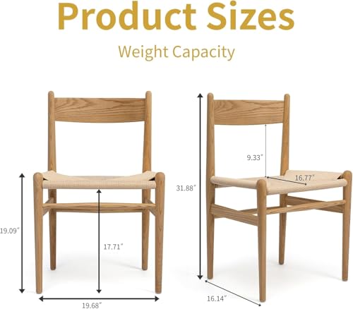 Image of Armless Dining Chairs Set of 4, 100% Solid Ash Wood with Woven Seat | Armless Space-saving, Curved Backrest, 300 LBS Support, Non-slip Pads, Fully Assembled, Wood Chairs for Kitchen, Living Room