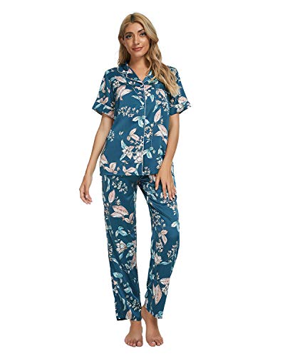 GOSO Pijama de satén para Mujer con Botones de Seda Floral Manga Cortos y Pantalones Ropa de Dormir Conjuntos Pijama para Mujer