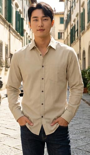 Image of Men's Long Sleeve Dress Shirt,Light Beige, Button Down, Chest Pocket, Casual Formal Wear
