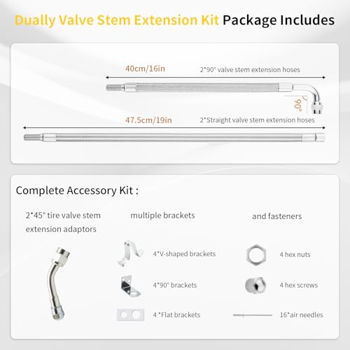Image of Dually Valve Stem Extenders for Dual Wheels, Stainless Steel Braided Dually Tire Valve Extension with 2 Straight & 2 Angled Hoses, Fits 16 inch to 19-1 /2 inch Dual Wheels Tire Valve Extension for Cars