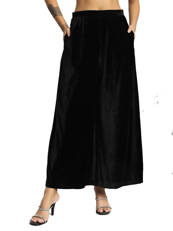 Image of Vaararo Party Trousers for Women | Shiny Velvet Fabric Wide Bottoms Stylish Palazzo Pants