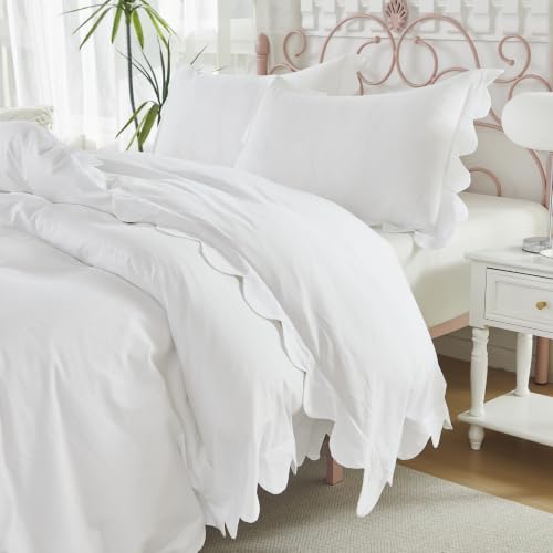 Brandream Organic Cotton Duvet Cover Set Twin/Twin XL Scalloped Edge White Kid's Bedding Size Soft Breathable Luxury Bed Set for Dorm Room Grandmillennial Cottagecore Coquette Hotel Style Bedroom