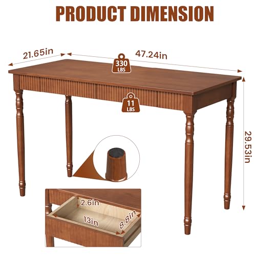 Image of 100% Solid Wood Desk with Drawers - 47.2 inch x 21.7 inch Mid Century Modern Desks, Vintage Writing Desk with Drawers, Simple Work Study Table, Home Office Computer Desks for Any Room - Walnut Color