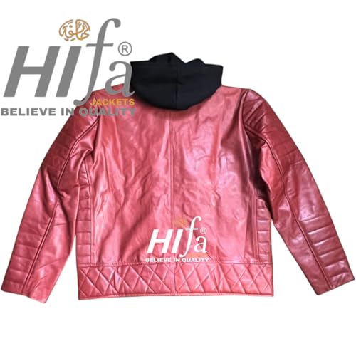 Image of Men's Red Leather Jacket: Genuine Sheepskin Retro Biker with Lapel Collar & Hood - Vintage Distressed Style