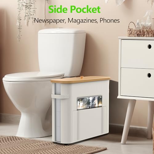 Thalomely Toilet Paper Storage Basket, Waterproof Toilet Paper Basket with Bamboo Lid and Handle, Collapsible Storage Organizer with Footbase for Bathroom, Toilet Paper Holder with Storage, Beige