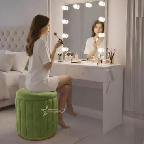 Image of Round Strip Stool with Cushion Foot Rest Office Stool Pouf Ottoman Padded Seat in Living Room (Pista Green)