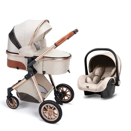 Image of Luxurious Baby Stroller with Infant Carrier, Baby Carriage with Detachable Bassinet for Newborns, 2 Way Facing, Multifunction (A-Beige)