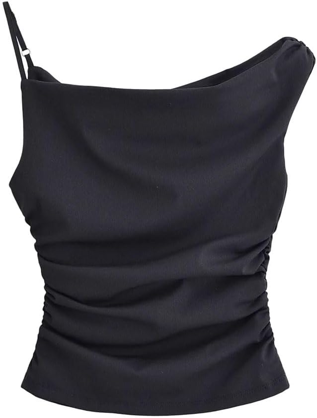 Women's Asymmetric Adjustable Spaghetti Straps Pleated Solid Top