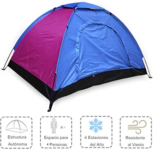 ALLPER Tienda de campaña de fácil Montaje, Polyester y Varillas de Acero Resistente. 4 Personas, Color: Azul Y Rosa. Medidas: 200 x 200 x 125 cm. Impermeable.