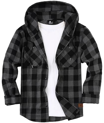Hooded Flannel Shirt for Men Casual Button Down Shirt Long Sleeve Plaid Hoodie with Pocket