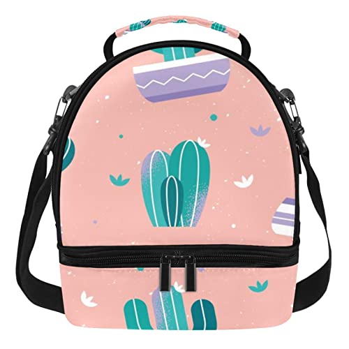 ZORE_FINE5 Borsa termica per il pranzo a doppio strato, riutilizzabile, con motivo cactus verde, sfondo rosa, pacchetto pasto per ufficio, lavoro, scuola, picnic