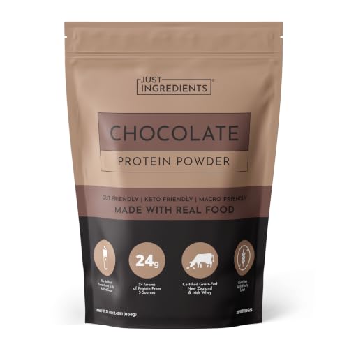 JUST INGREDIENTS Chocolate Protein Powder 20-Serving Blend with 100% Grass-Fed Whey & Organic Plant Proteins Rich Cocoa Flavor Gluten-Free Soy-Free Supports Muscle Recovery Energy