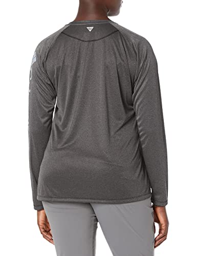 Columbia Women's Pfg Tidal Tee Heather Long Sleeve Shirt, Uv Protection, Moisture-Wicking, Black Heather/Cirrus Grey Logo, 3X #TOP4