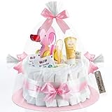 Die Timfanie Windeltorte ist mit wertigen Beigaben bestückt: Weleda Babyshampoo, Hipp Bio-Baby-Tee und Babynova Fütterlöffel