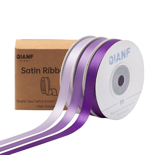 QIANF Purple Double Face Satin Ribbon 3/8 Inch x 45 Yards Lavender Fabric Ribbon for Gift Wrapping Flower Bouquets Hair Bows Making Wedding Decoration Invitation Cards Christmas (3 Rolls *15Yd)