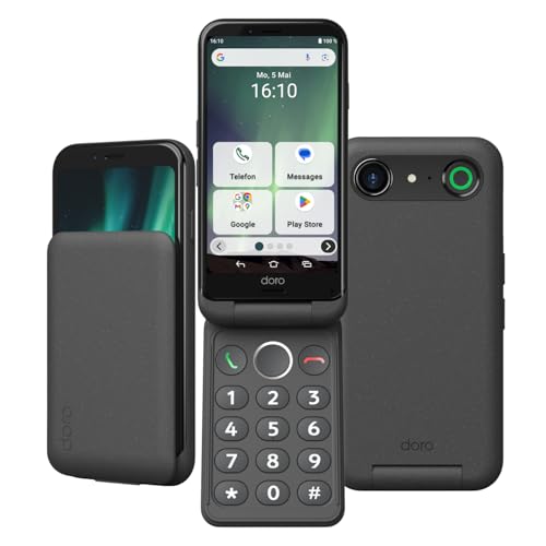 Doro - Aurora A20 Flip Smartphone - Seniorentelefon - Einfach zu bedienen - Hilfetaste mit GPS-Ortung - Hörgerätekompatibel - USB-Kabel im Lieferumfang - Weiß