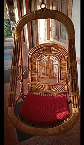 MY CRYSTAL INDIA Hanging Chair Wooden Bamboo 100% Cane (Bait) for Comfort Indoor & Outdoor Swing Chair for, Adults 100 Kg with Cushion Single Seater Cane Wood Swing Chair with Cushion (Brown)
