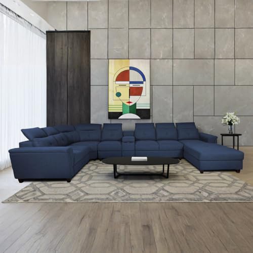 Image of Torque Arnold Fabric 8 Seater Sofa with Lounger and Cup Holder Blue | Corner Sofa Couch with Moveable Headrest | U Shape Sectional Sofa Set Living Room Office Home