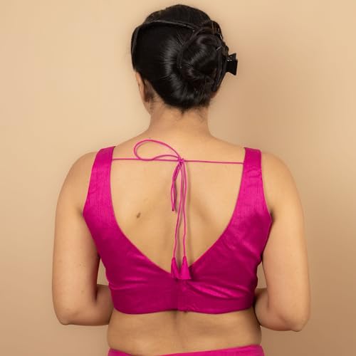 Image of FIGURE'S DESIGNER Women's Dupion Raw Silk Sleeveless V Neck Sabyasachi Cut Readymade Saree Blouse Padded Stitched S4