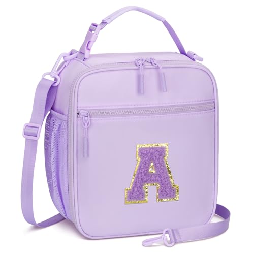 CLOUDWINGS Initial Insulated Lunch Bag for Girls Kids, Back to School Gift, Reusable Leak-proof Lunch Box with Adjustable Strap for School Daycare Travel Picnic (Purple,A)